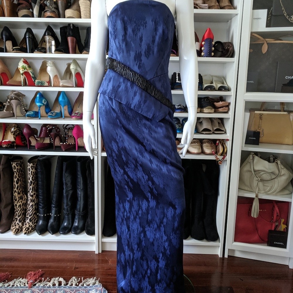 Pamella Roland Blue Jacquard Peplum Beaded Dress
